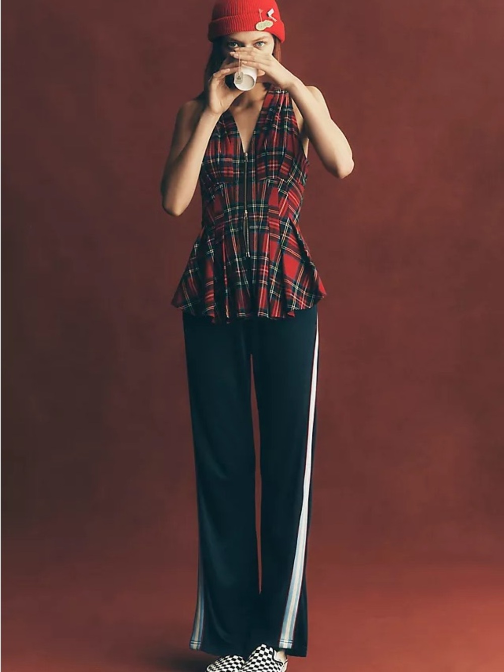 Anthropologie Maeve Viki Waisted Sleeveless ZipFront Red Plaid Peplum Top Celtic - Picture 6 of 11